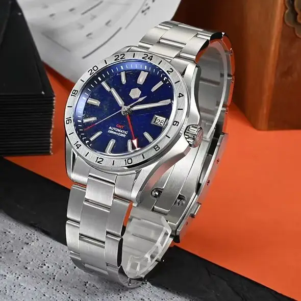 

San Martin Men Automatic Watch 39mm GMT Mechanical Wristwatch 10Bar Waterproof Luminous Sapphire NH34 Aventurine Gemstone Dial
