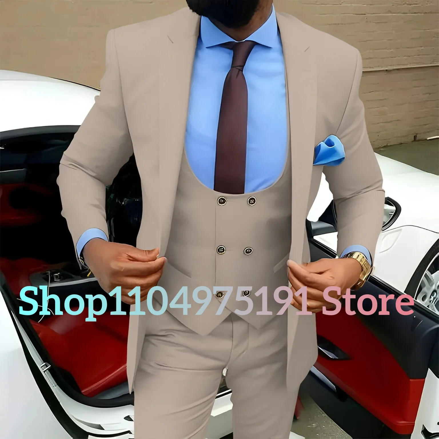 Traje de 3 piezas para hombre, chaqueta marrón dorada, chaleco, pantalones, conjunto ajustado, ropa Formal elegante para fiesta