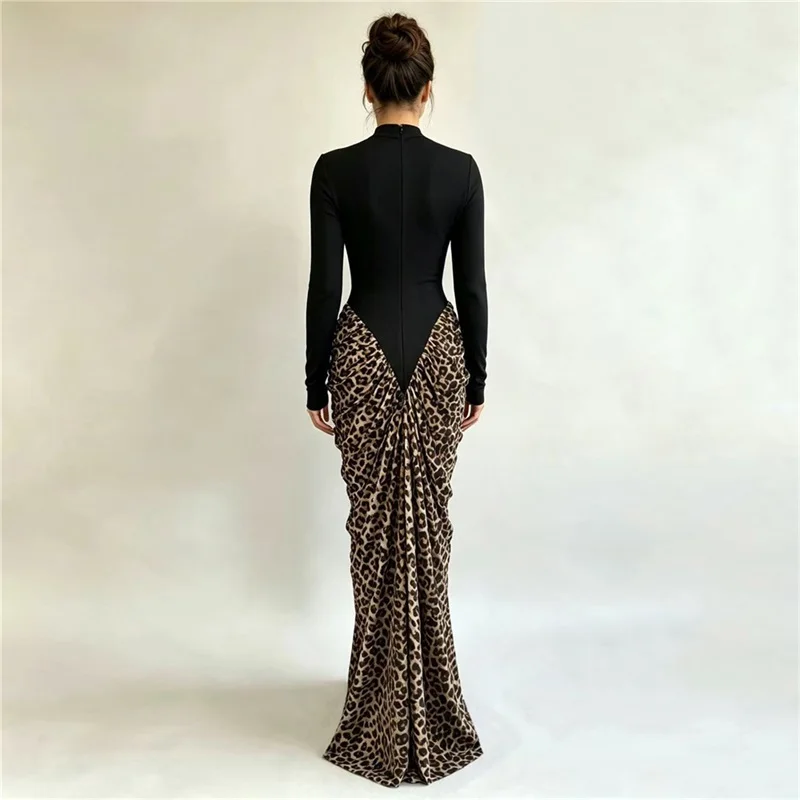 Black Elegant Prom Dress High Neck Long Sleeve Leopard Ruched Patchwork Bandage Bodycon Maxi Party Gown Formal Evening Robe