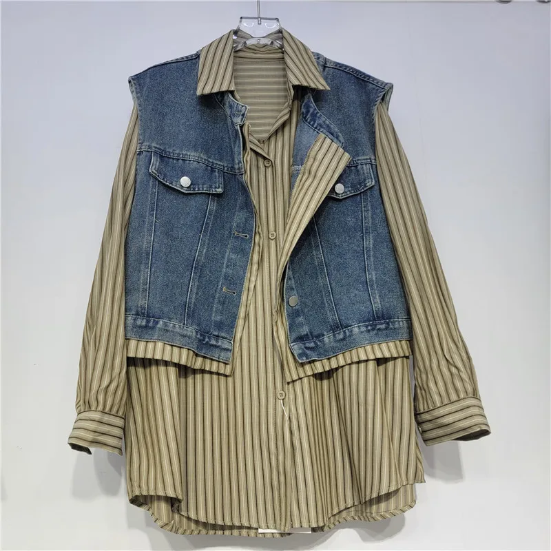 

SuperAen Korean Style Fashion Short Denim Vest Women 2025 Autumn New lapel Collar Simple Vintage Striped Loose Shirts