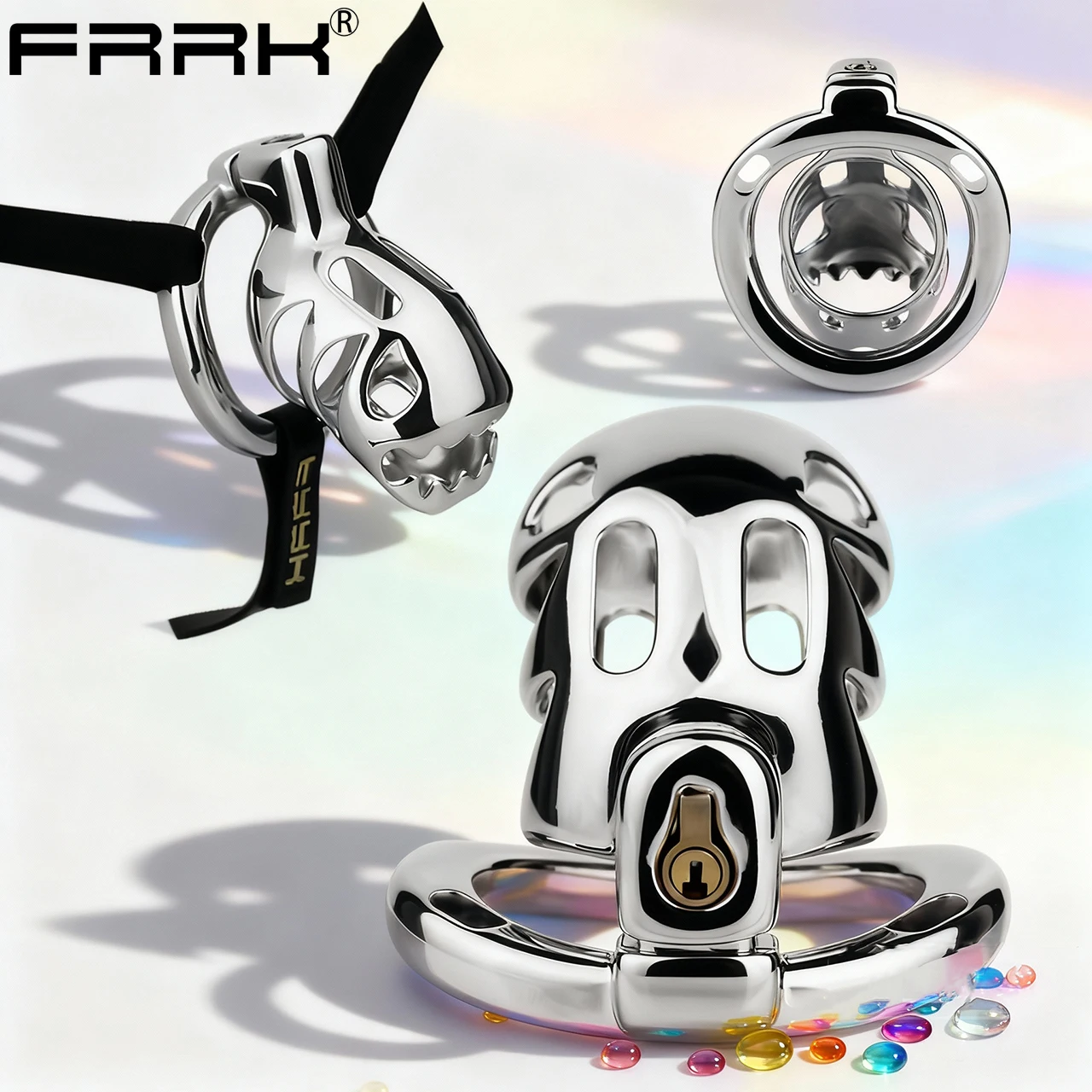 FRRK Shark Head Aluminum Alloy Abstinence Chastity Device Three-Way Waist Strap Penis Ring Urethral Lock Adult Erotic Game Toys