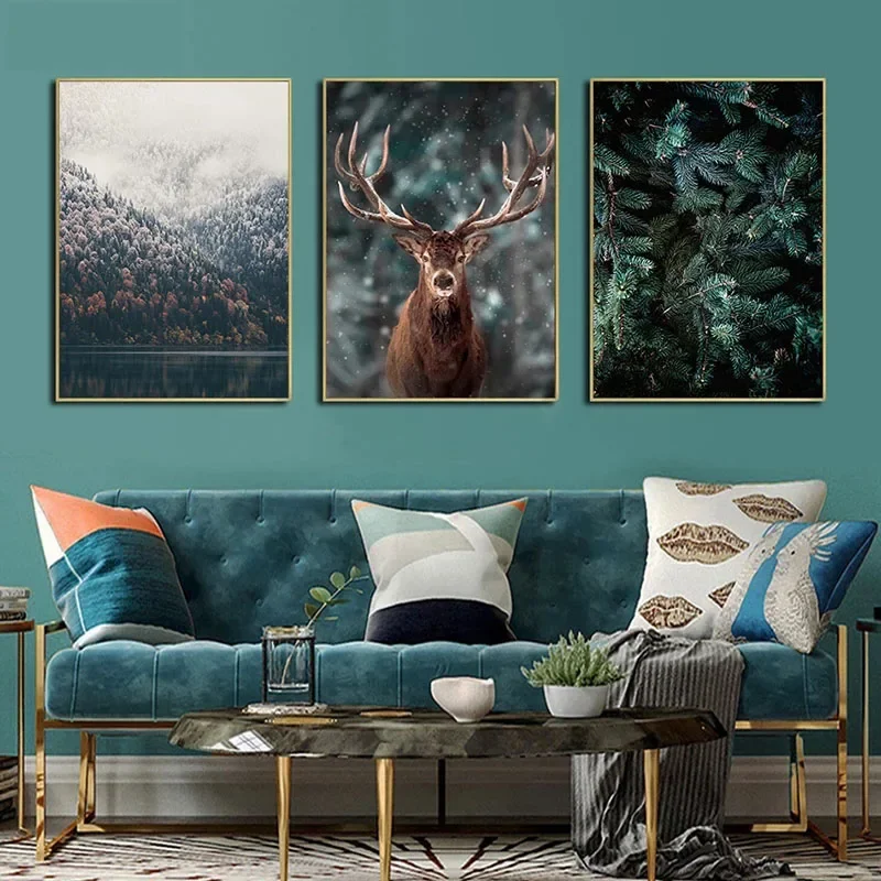 Frameless Canvas PaintingNordic Natural Landscape Canvas Print Posters Animal Cow Deer Lake Snow Mountain Forest Railway Wall Ar