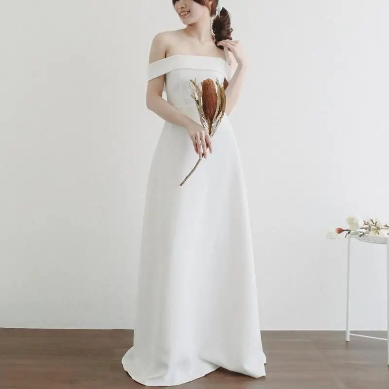 

New Simple Wedding Dresses Elegant Boat Neck Floor-length A-line Bridal Dress Sexy Backless Formal Evening Dress Customized