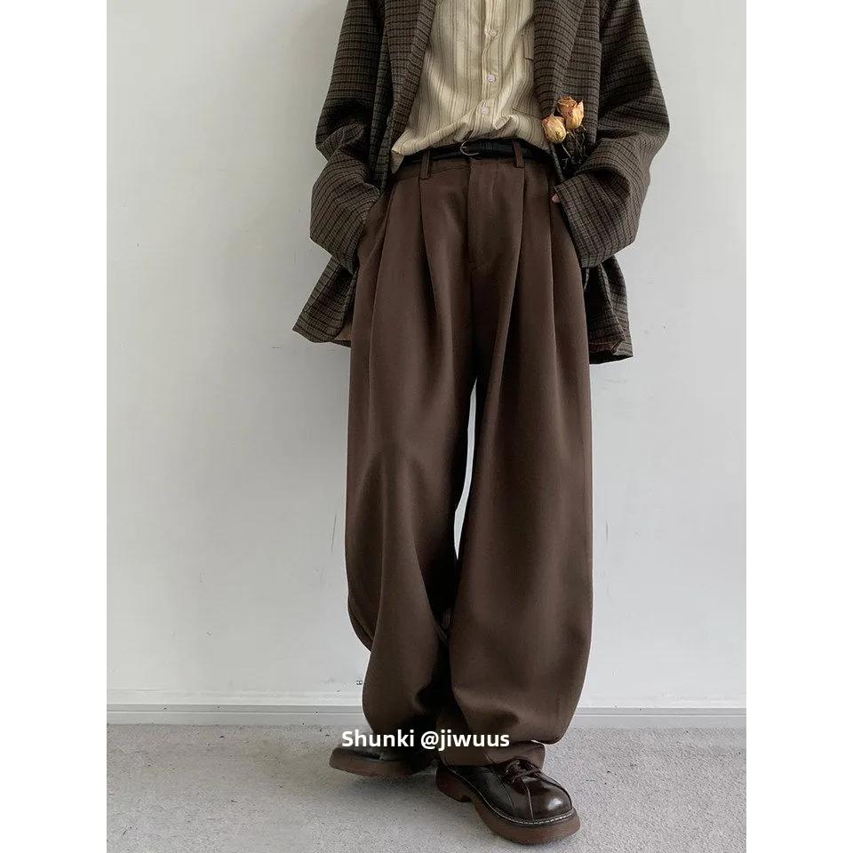 Café Brown Straight Leg Men's Casual Trousers Vintage Loose Fit Wide Leg Pants Draping Style Workwear Polyester Fiber