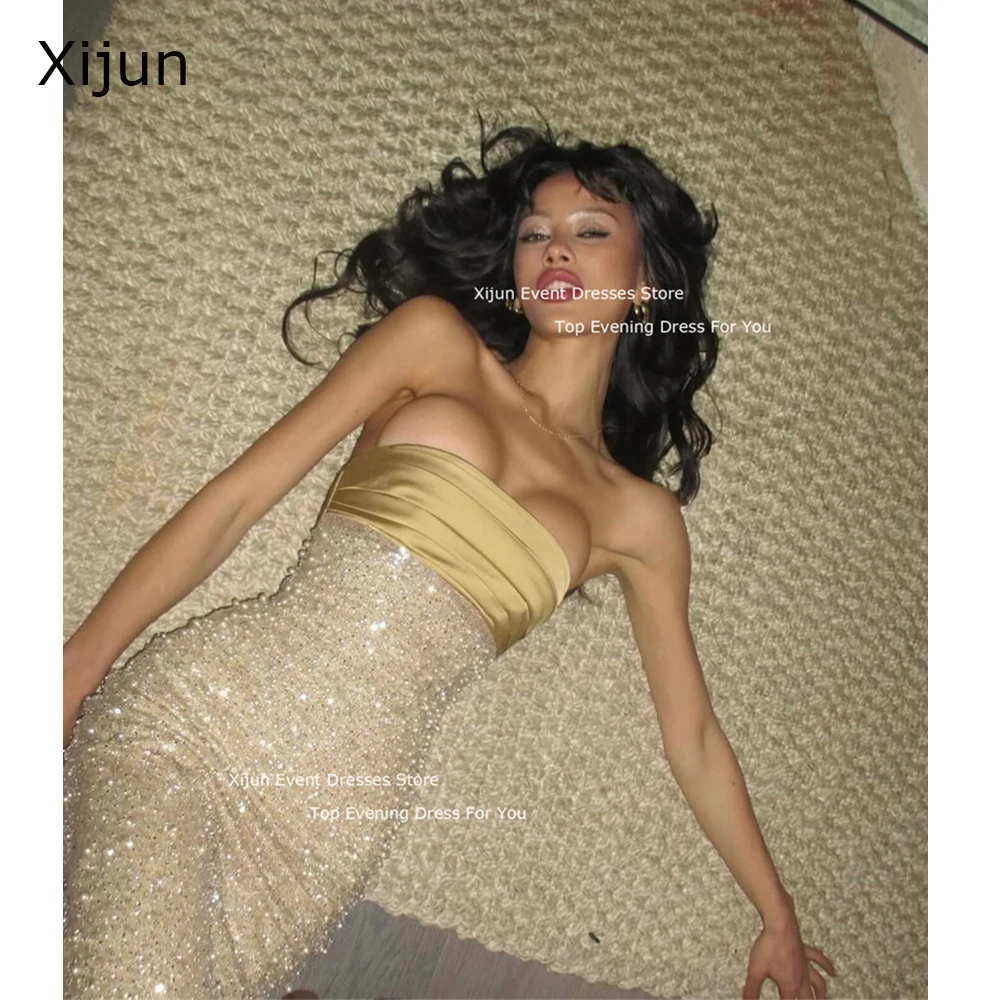 Xijun Glitter Golden Mermaid Evening Dresses Sequined Spaghetti Strap Prom Dresses Floor Length Prom Gowns Luxury Party Gowns