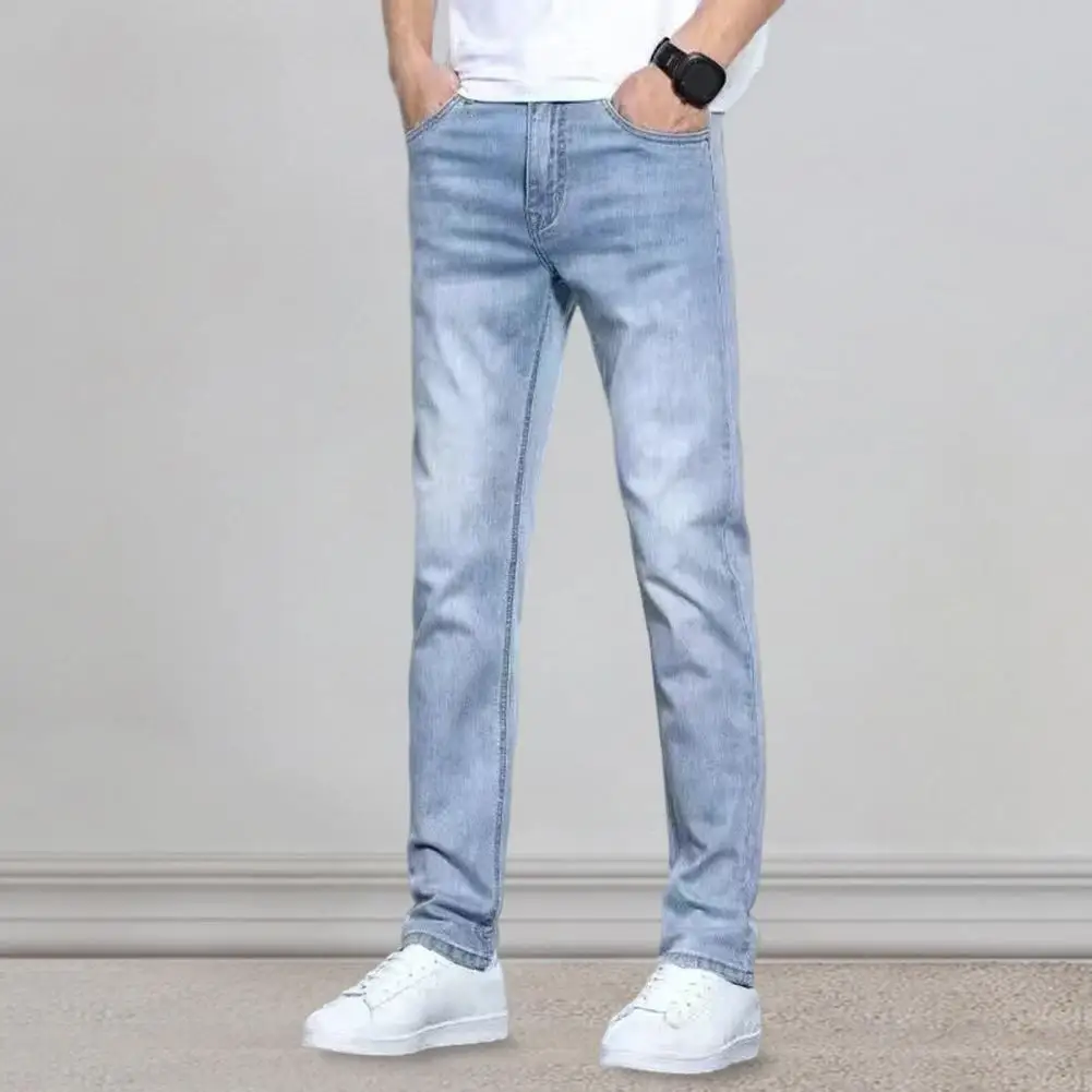 

Waist Button Zipper Closure Jeans Stylish Men's Denim Pants Distressed Small-legged Jeans with Pockets Solid Color for Everyday