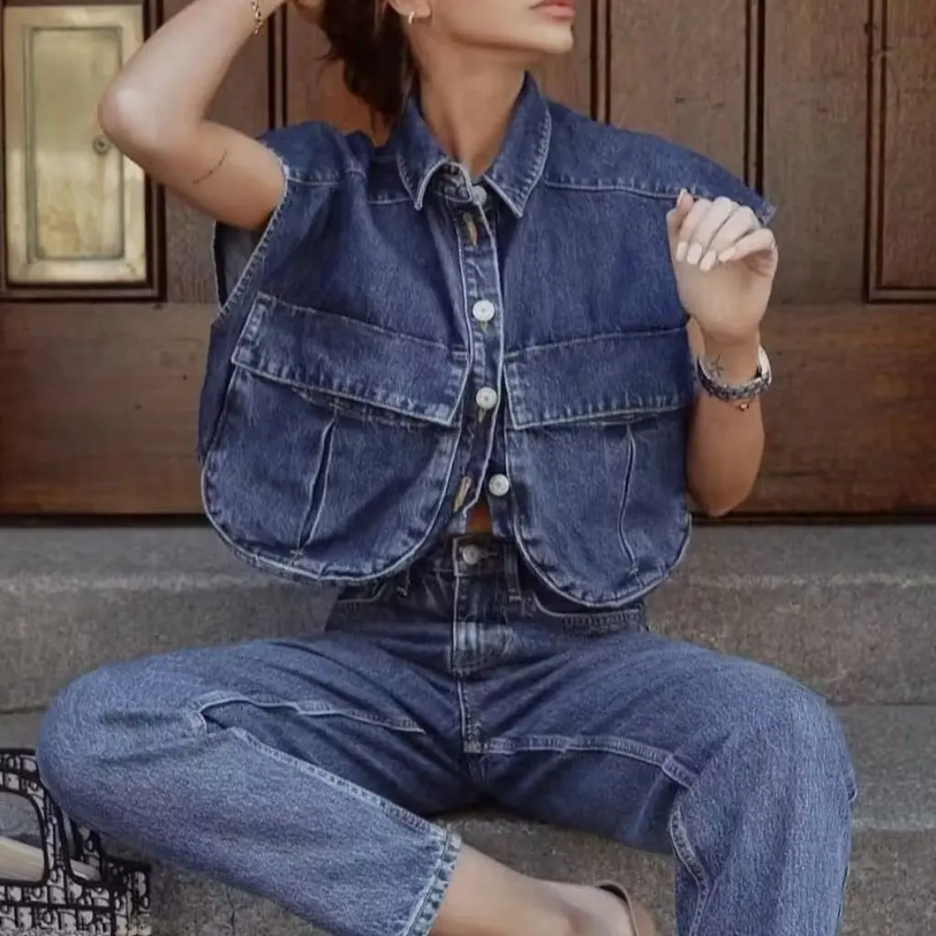 

Women's Short Denim Vest 3-Color Double Pocket Decoration European And American Style Autumn Top by 23 XQJ