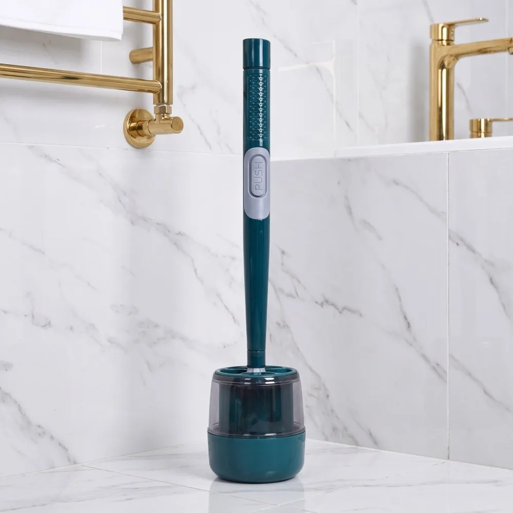 Green Wall-mounted Liquid Adding Silicone Toilet Brush Plastic 42*10cm Long Handle Hydraulic Toilet Cleaning Scrubber