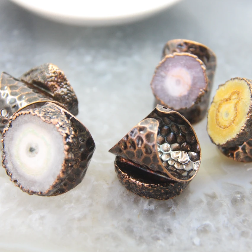 Natural Geode Sun Flower Rings,Solar Quartz Druzy Agate Adjustable Bronze Rings,Healing Quartz Party Finger Rings Jewelry