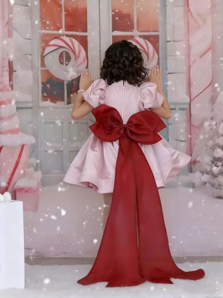 Pink Flower Girl Dresses for Wedding With Red Bows Lovely Baby Girl Birthday Dress First Communion Gowns Customized