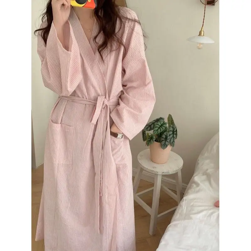 

Японское кимоно, длинная полосатая ночная рубашка, пижамы, женская осенне-зимняя домашняя одежда, халат на шнуровке, атласные пижамы, ночные рубашки для женщин
