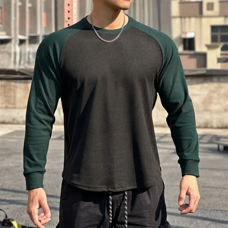 2024 new shoulder-matching color fashion men's long-sleeved T-shirt crewneck top outdoor running sports men's wear