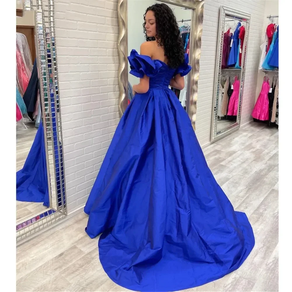 Best Selling Evening Dresses Royal Blue Satin Off Shoulder Ruffles Pleats Long A Line Sweep Train Formal Party Prom Gowns