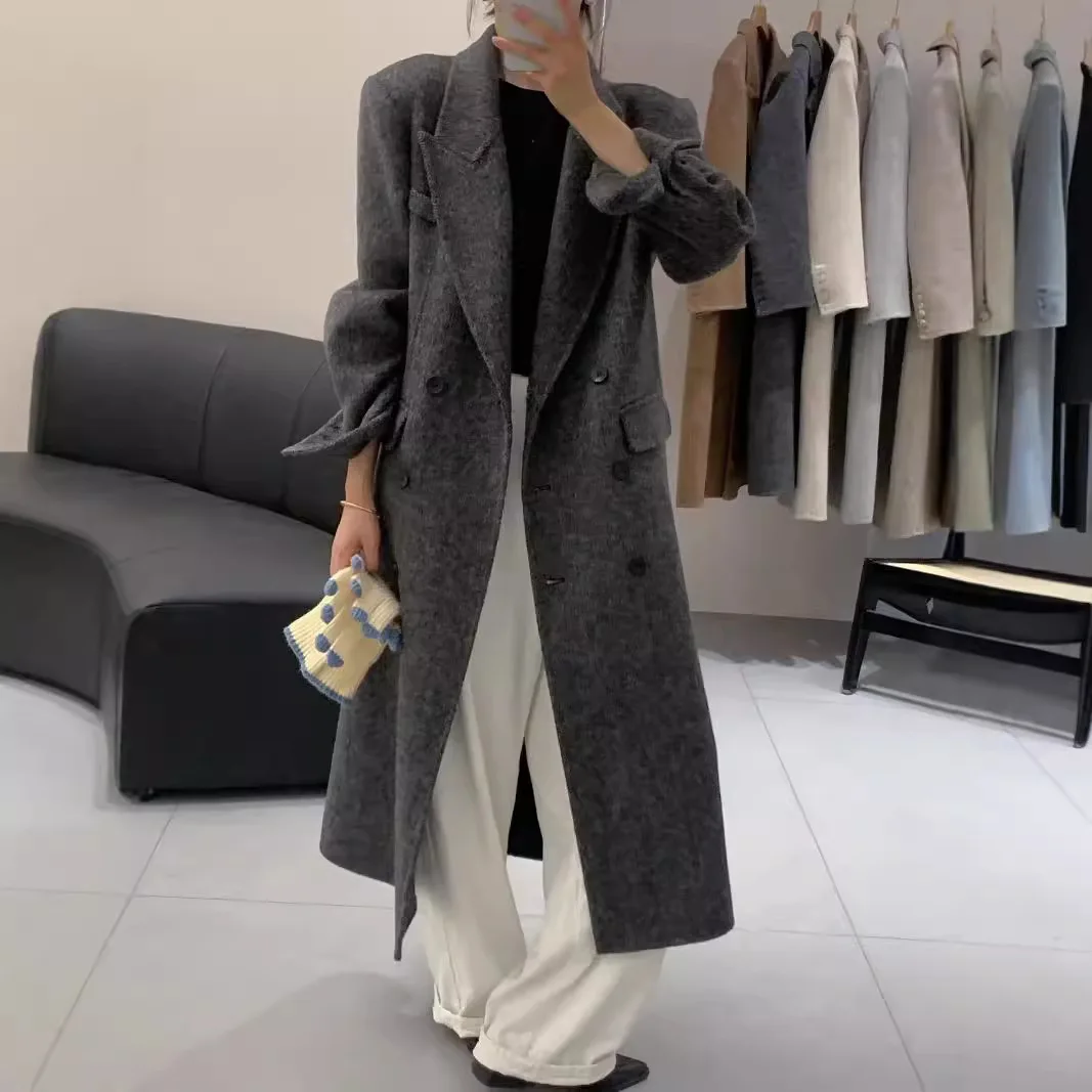 UMI MAO Jesień Zima Nowy Płaszcz Wełniany Za Kolano, Dopasowany, Elegancki, Długi, Wzór Rybiej Ości, Dwustronny, Damska Kurtka