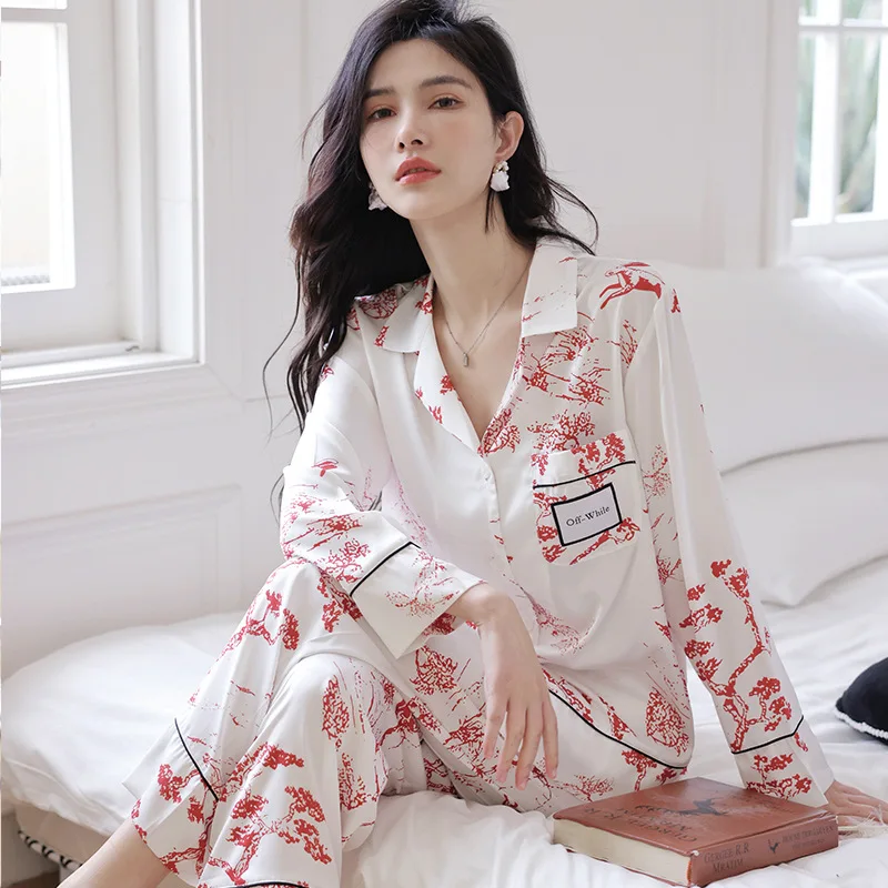 

Spring Print Pajamas Set Women Long Sleeve Pijamas Suit Casual Sleepwear Lingerie Summer Female Silky Satin Home Clothes