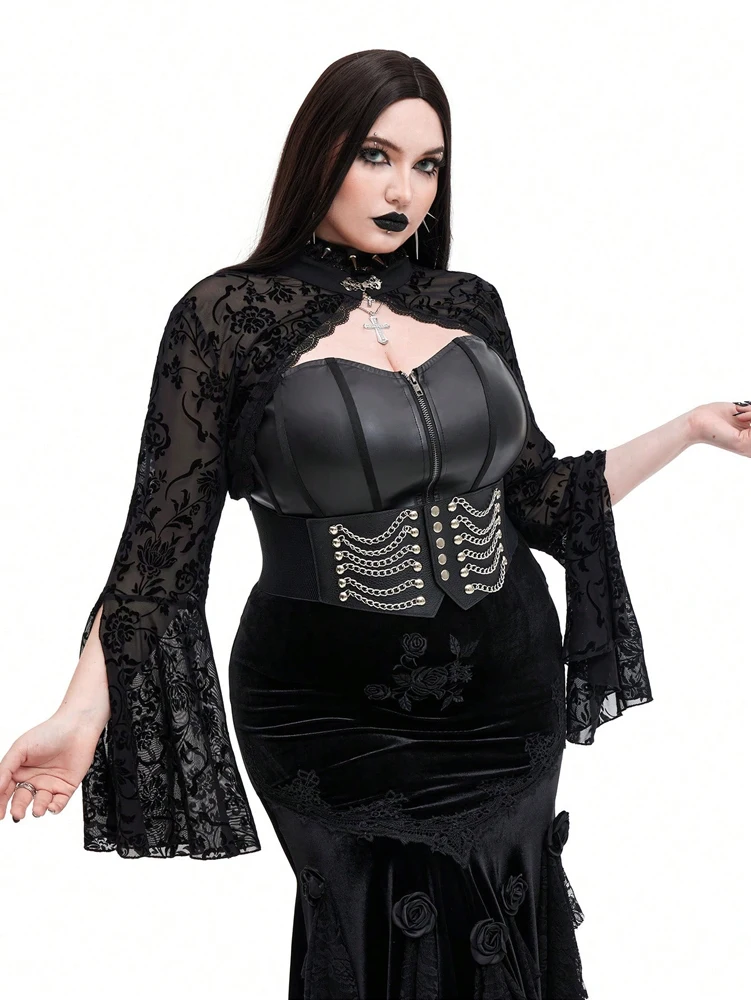 

Plus Size Dark Punk Gothic Large Size Dark Gothic Flocking Small Shawl Outer Hoodie Crop Top Short Jacket