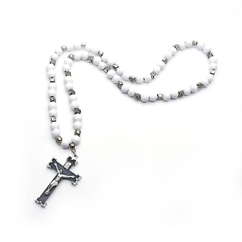 Cross Juses Pendant Prayer Rosary Beaded Necklaces Wooden Beades Chain Necklace for Men Christian Jewelry