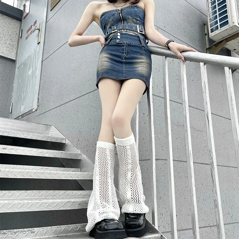 Summer Japanese Hot Girl Knee Sleeve Warm Leg Cover Harajuku White Hollowed Out Knitted Wide Leg Horn 3 Colors