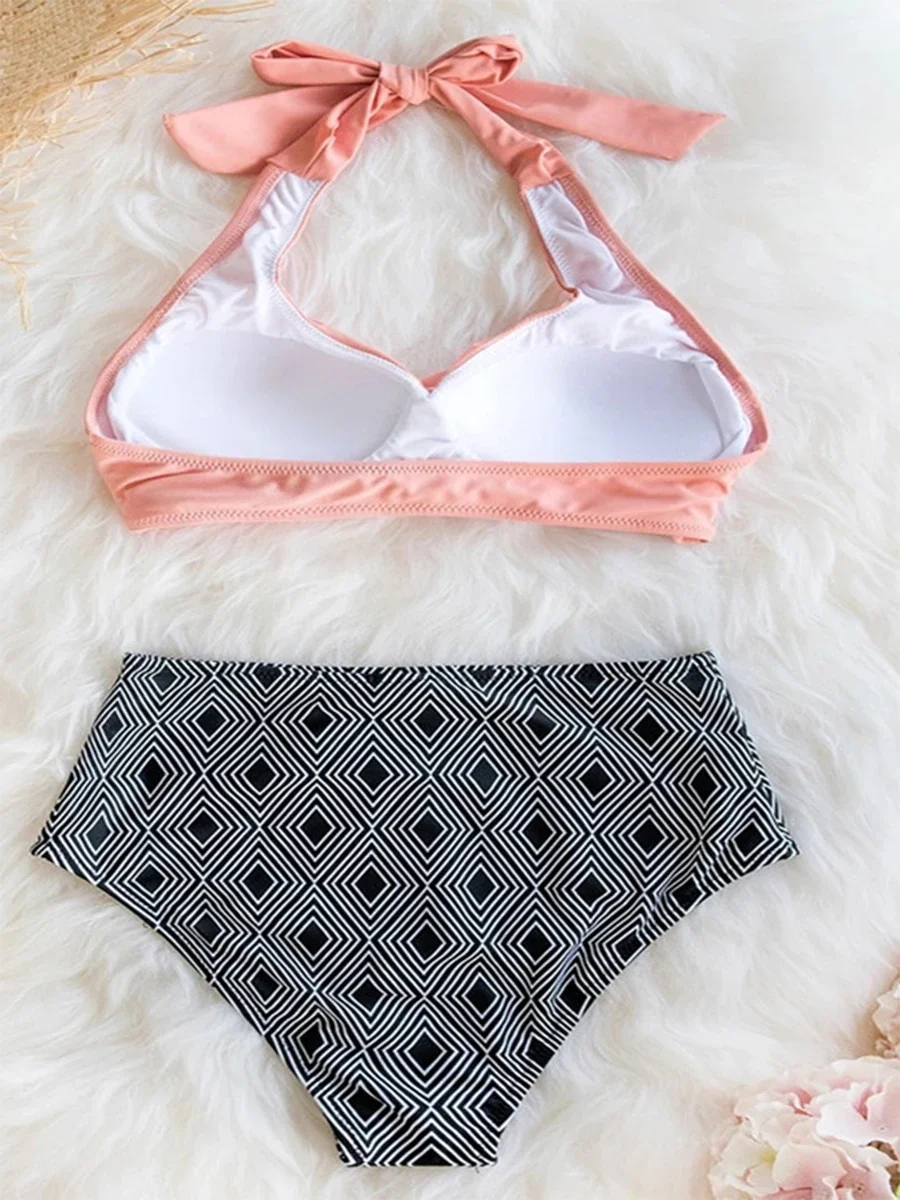 Бикини с лямкой на шее 2024, женский купальник с крестом, ромбовидная клетка, сексуальный купальник с высокой талией, женский купальный костюм, летняя пляжная одежда