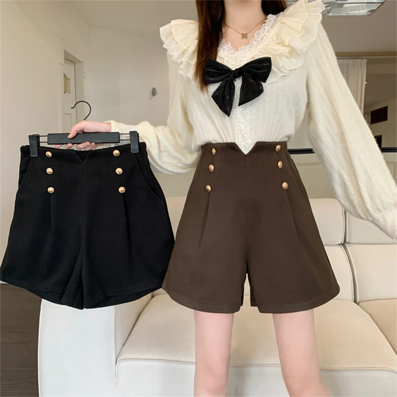 

2023 Autumn Brown High Waist Shorts Large Slim Casual Wide Leg Pants Wool Versatile Bottom Boots and Pants for Women