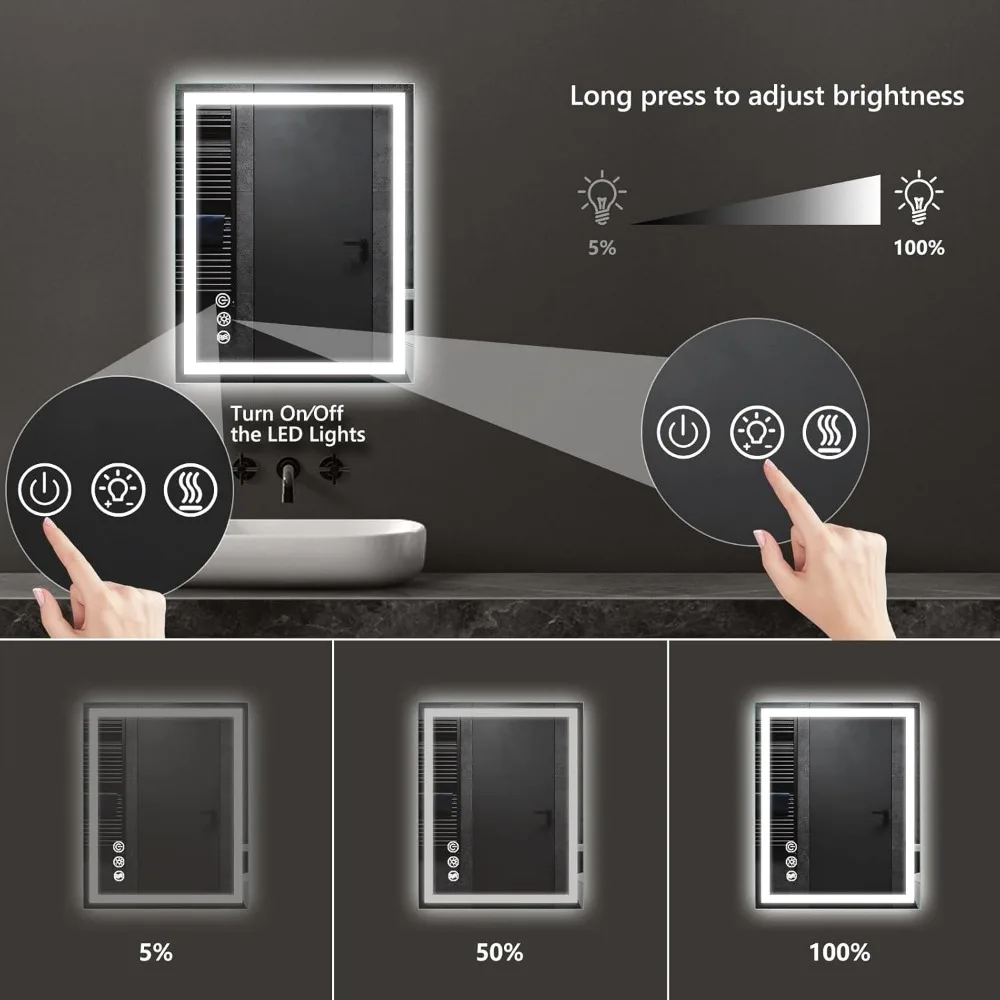 20x28 Inch LED-Illuminated Bathroom Mirror with Front and Back Lighting, 3-Color Makeup Mirror, Memory Function, and Anti-Fog Te
