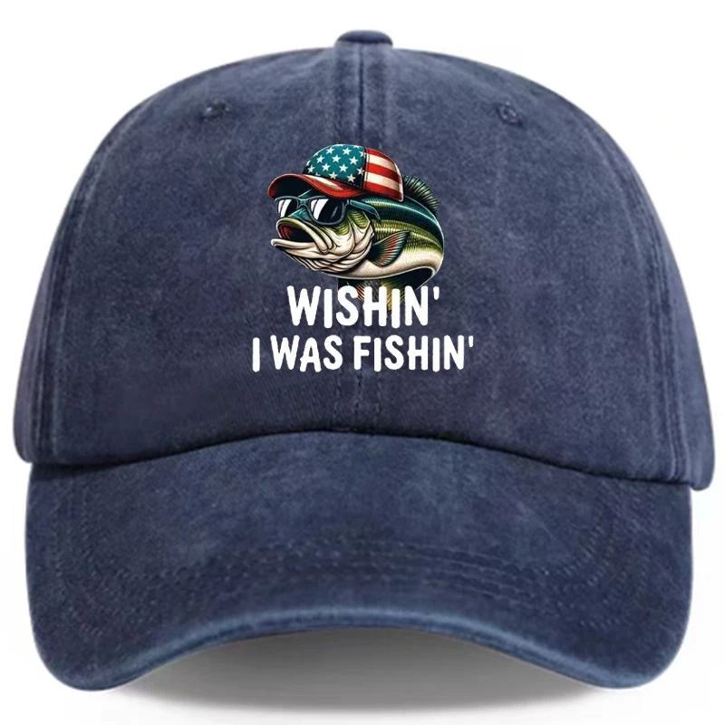 "Jolly Fishing Hat" - "Hope I'm Fishing" - Gorra de béisbol ajustable lavada desgastada, con diseño de pescador patriótico -