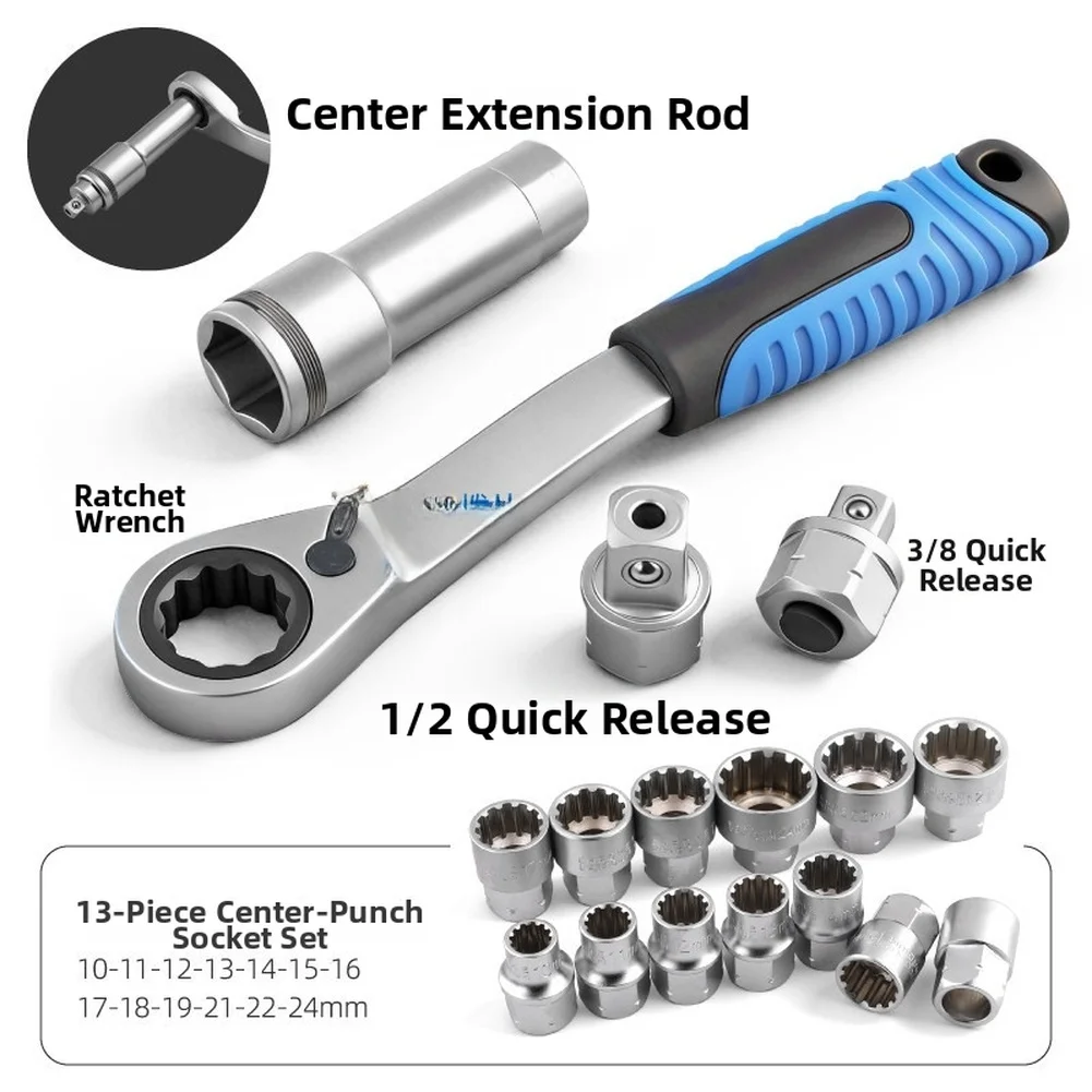 

Auto Repair Garage Maintenance Ratchet Wrench Set Long-Stem Bolt Tool Pass Through Socket Set Ratchet 4.5mm-24mm