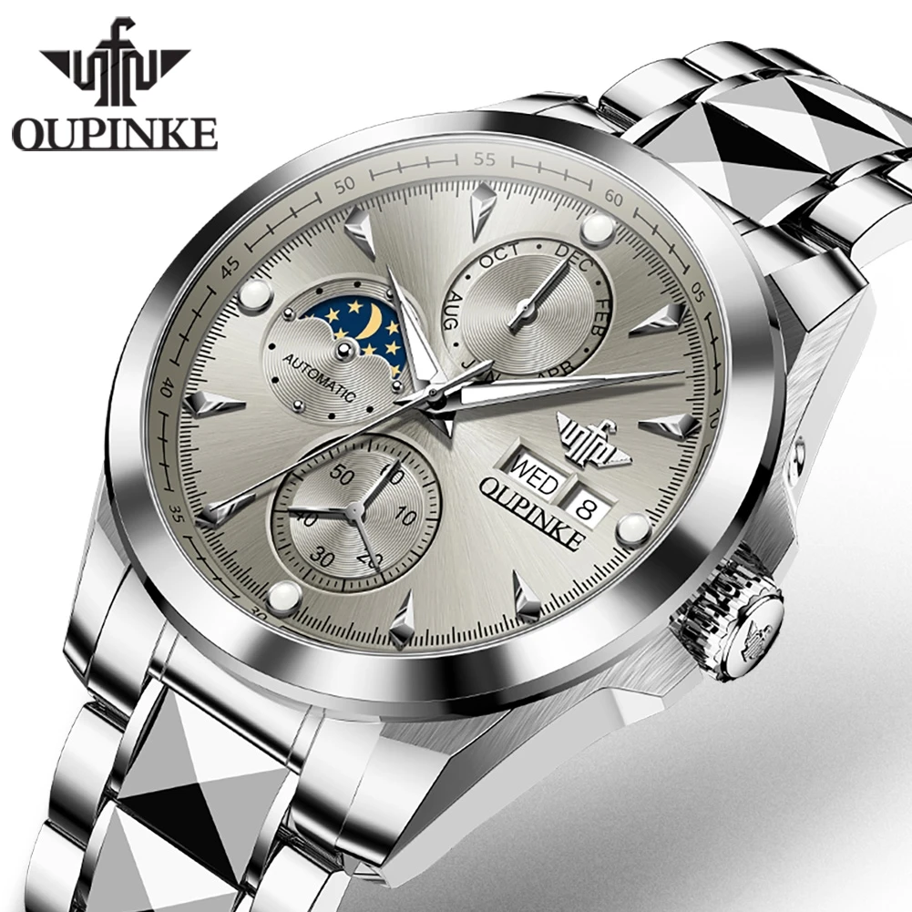 OUPINKE 3299 Men Watch Moon Phase Fashion Automatic Mechanical Watch For Men Week Date Display Deep Waterproof Man Wristwatch