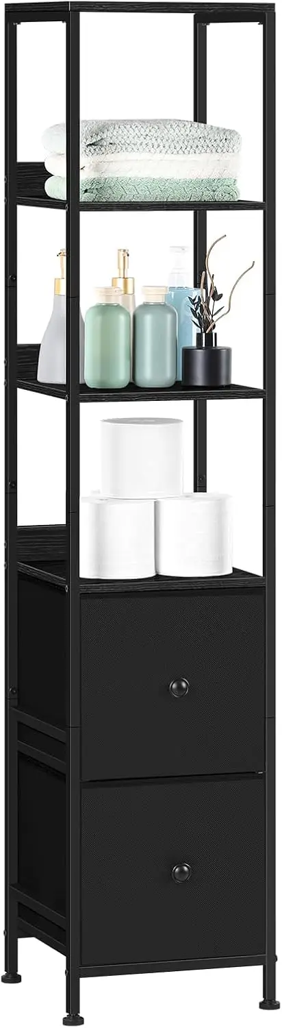 

Bathroom Cabinets Freestanding, Tall Slim Floor Cabinet With 2 Fabric Drawers, 5-Tier Storage Organizer Rack Stand, Black