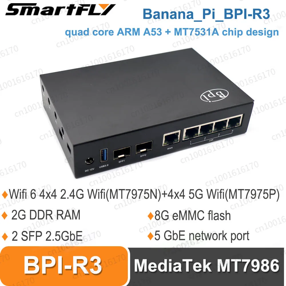 Banana Pi BPI R3 Router Board With MediaTek MT7986 Quad Core ARM A53 + MT7531A Chip Design ,2G DDR RAM ,8G eMMC Flash Onboard