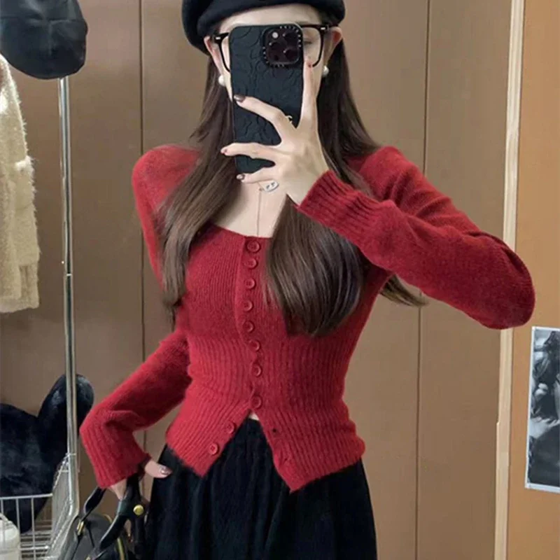 OCEANLOVE Short Cardigans Square Neck Solid Korean Fashion Autumn Winter Women Sweaters Slim Sweet Chic Retro Sueter Mujer