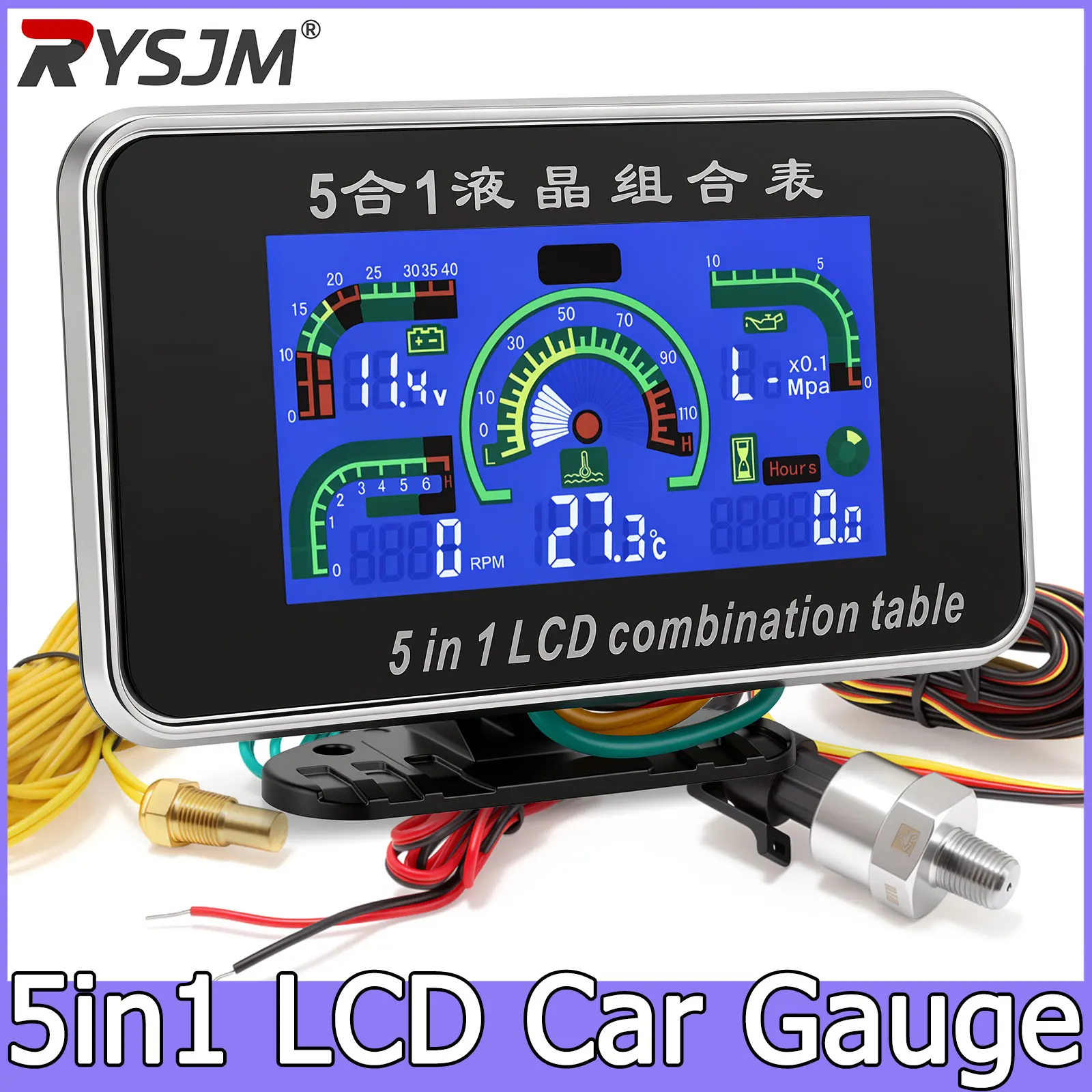Digital Tachometer 5 In 1 LCD Gauge Oil Pressure Gauge Volt Voltmeter Water Temperature +Sensor Hours For 12V 24V Car Truck ﻿