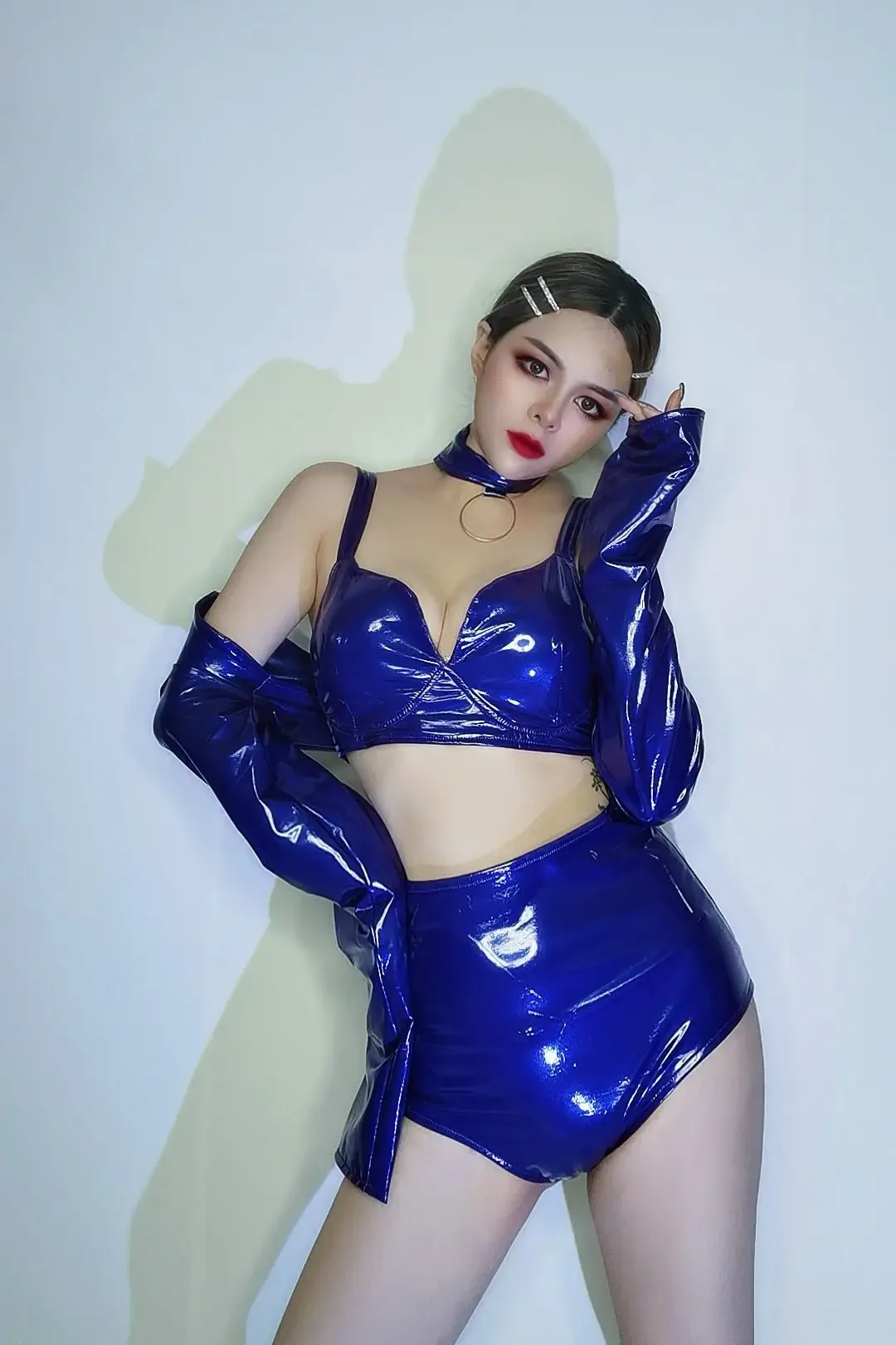 

Night Club Bar Dj Singer Party Super Bright Elastic Purple Patent Leather Long Sleeve Suit Women's Fashion Performance Clothes