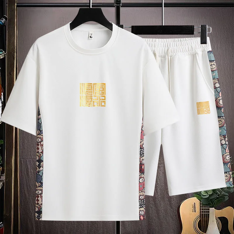 

Summer New Fashion Sports Printed Short-Sleeved T-shirt Shorts Set Men's Loose Comfortable Breathable Large Size Two-Piece Set