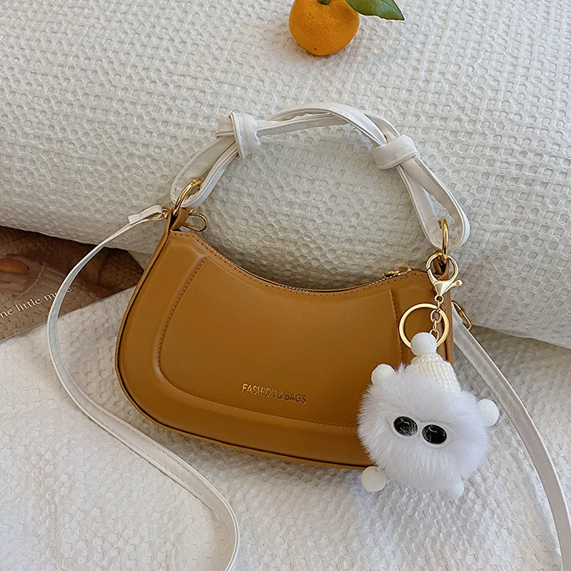 New Women\'s Fashion Handbags Brown Retro PU Leather Shoulder Bag Doll Decorative Korean Trend Casual Female Underarm Handbags