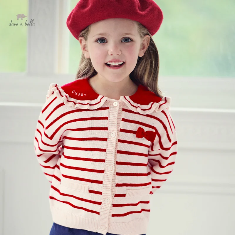 Dave Bella Children\'s Girls 2024 New Autumn Fashion Casual Classy Sweet Cardigan Red Striped Knit Overcoat Tops Cotton DB3242509