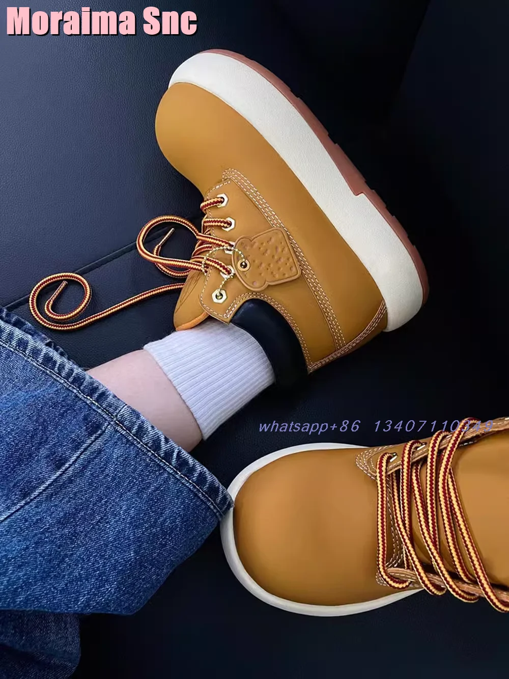 

Big Round Toe Lace-up Ankle Boots Thick Sole High Top Fashion Yellow Mixed Colors Women's Short Boots Autumn Winter 2024 Newest