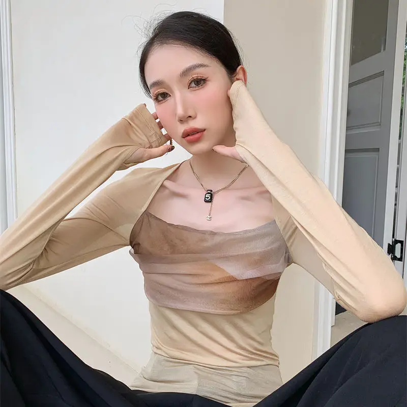 

Women Clothes Spring Autumn Fashion Simplicity Trend Printing Color Blocking Square Collar Femme Temperament Appear Thin Top Tee