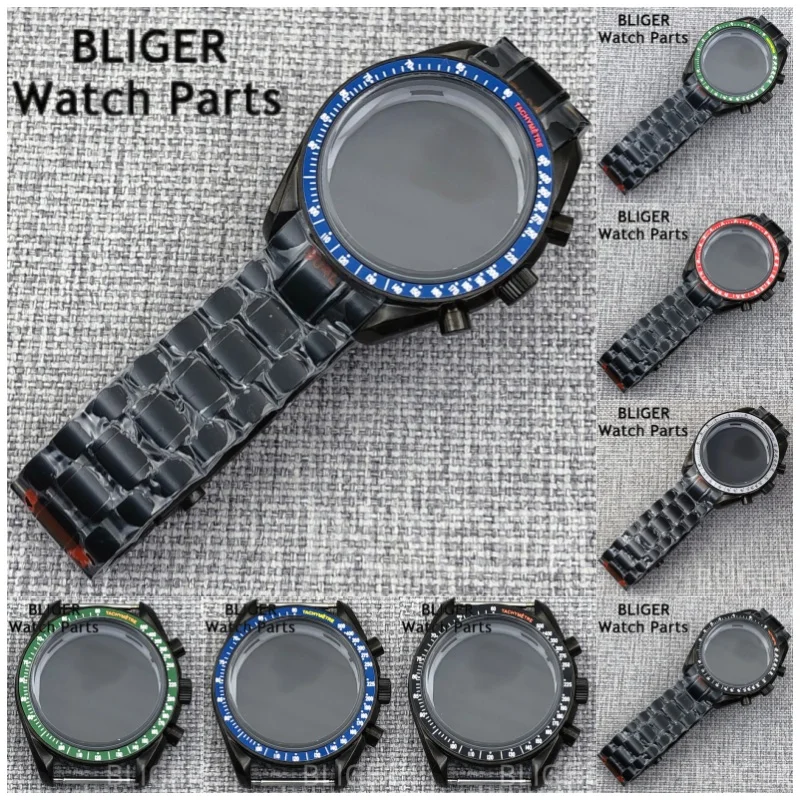 

BLIGER 40mm Black PVD VK63 Watch Case Black Blue Red Green Silver Insert Acrylic Mirror Fit VK63 Movement Assembly Repair Parts