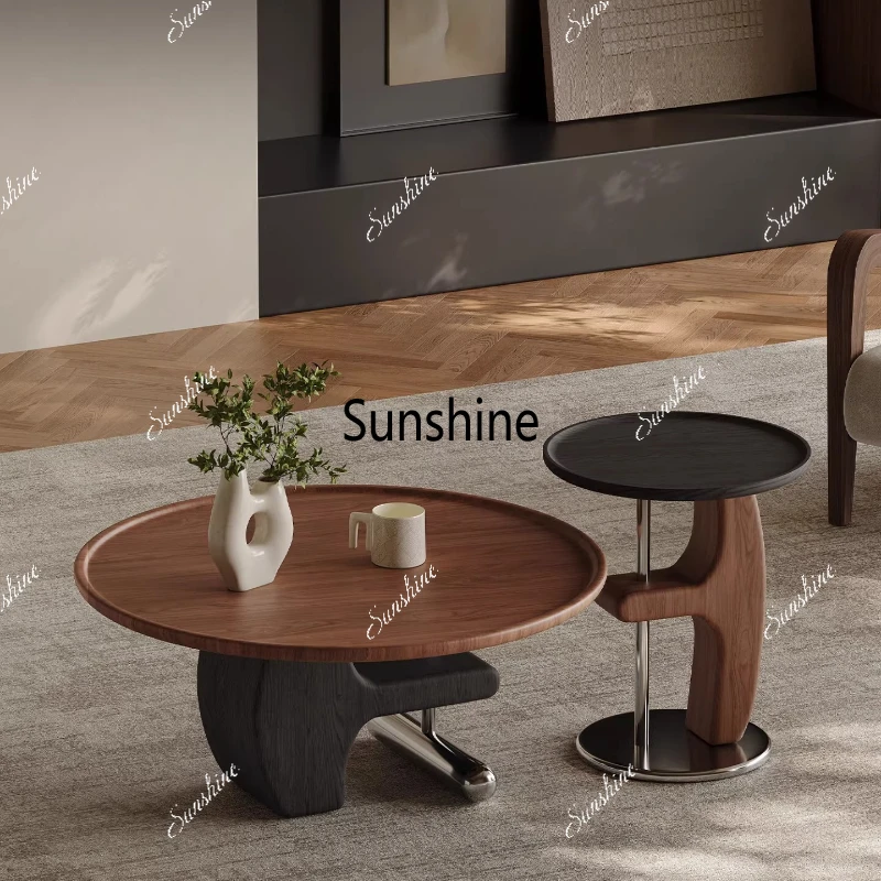 

Medieval solid wood coffee table living room household round light luxury high-end coffee table