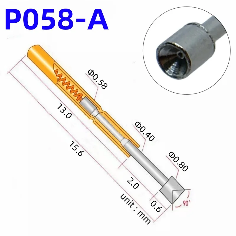 20/100PCS P058-A Spring Test Probe Test Pin PCB Test Tool 15.6mm Dia 0.58mm Nickel Plating Needle Pogo Pin Cup Head Dia 0.8mm