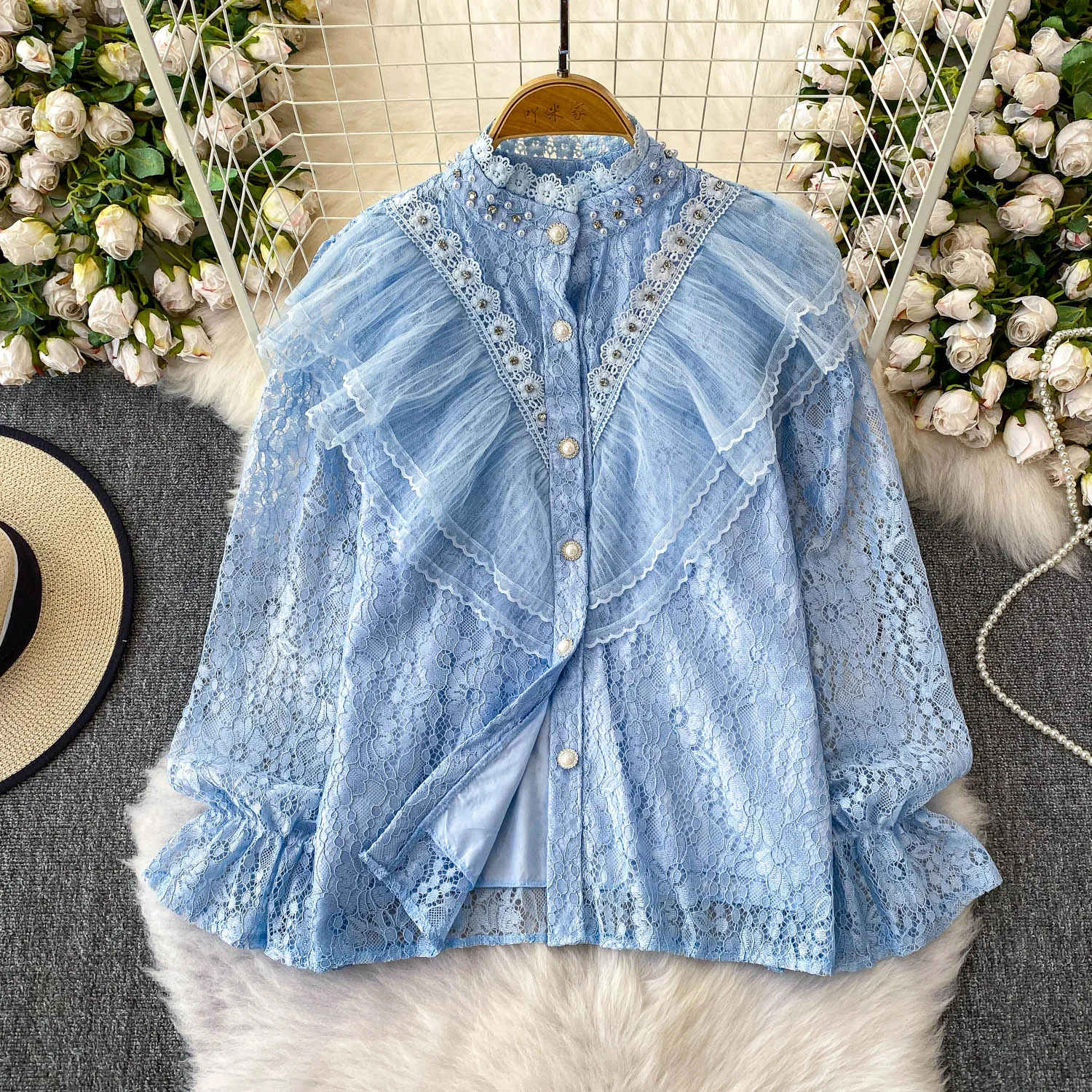 Franse Zware Industrie Diamant Opstaande Hals Lange Mouw Lolita Shirt Vrouwen Zomer Hof Kant Leeftijdsreductie Veelzijdige Ruches Top