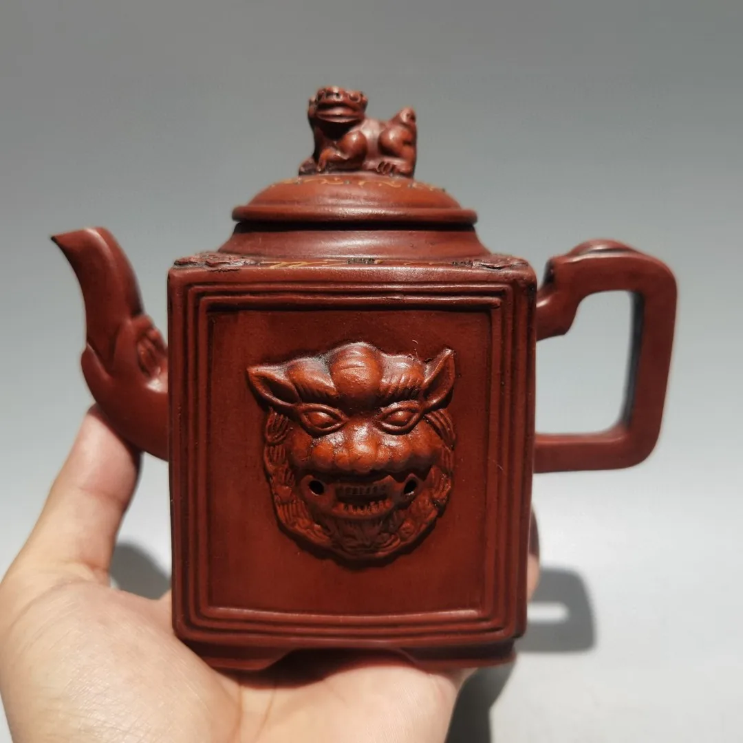 Old Chinese Handcraft Enameled  YiXing Zi Sha Clay  (red stoneware) Teapot,LION,with mark,Free shipping