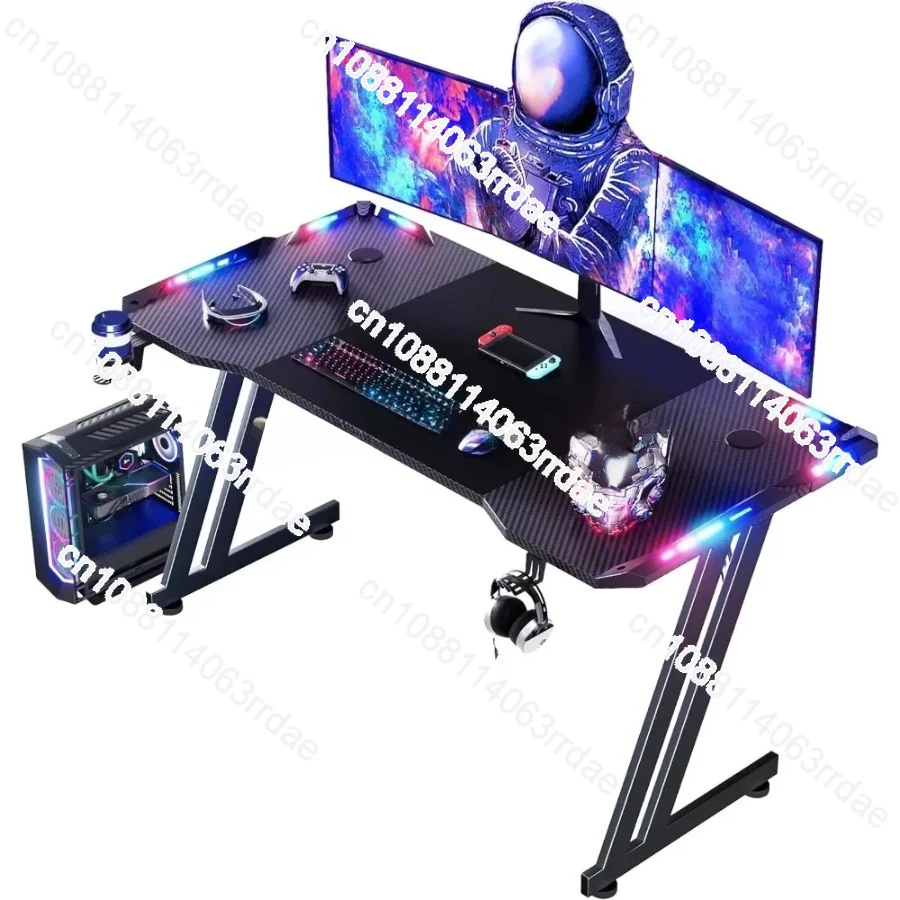 Large Computer Desk Ergonomic Home Office Desks  47 Inch Gaming Desk with LED Lights Carbon Fibre Surface Gaming Table