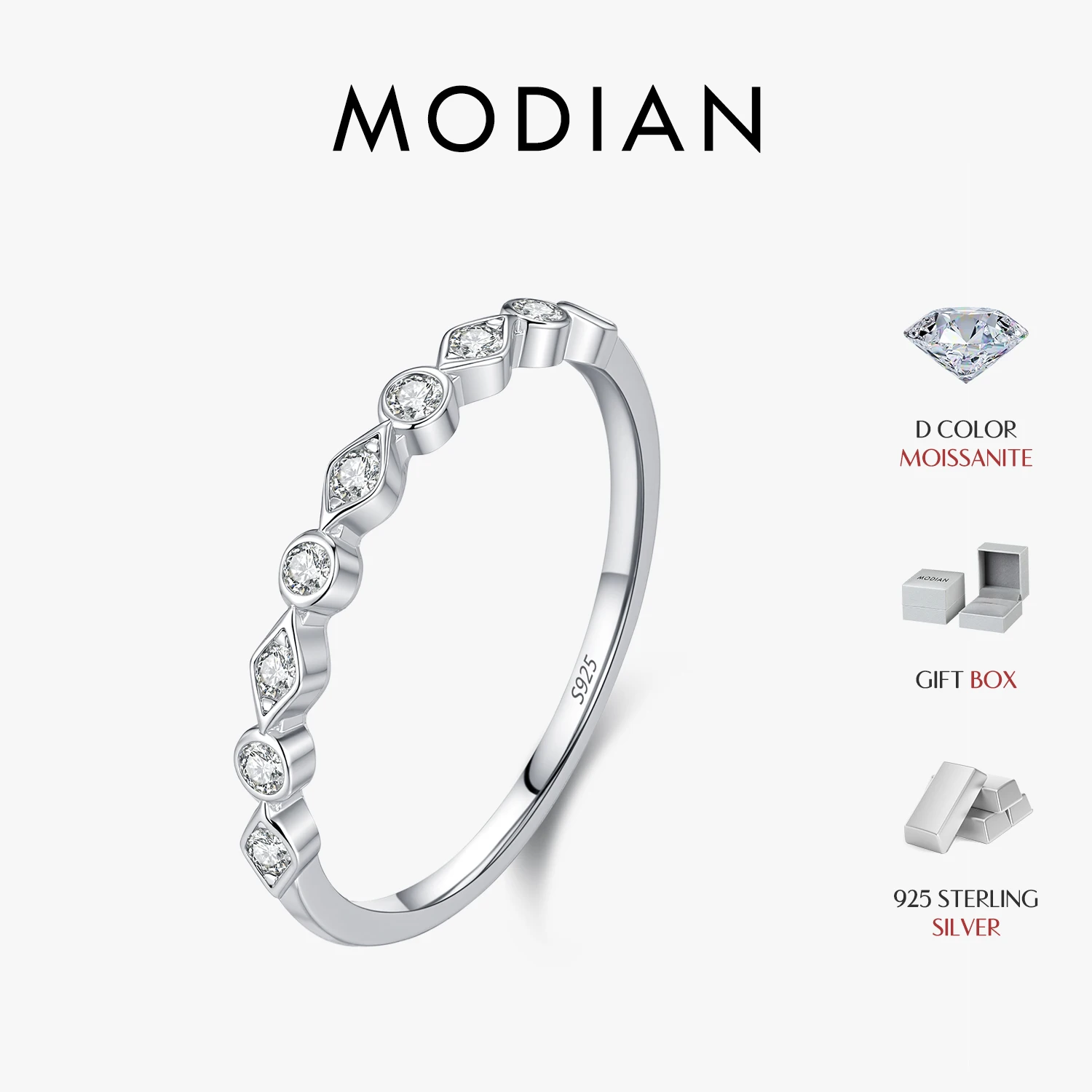 Image of MODIAN D Moissanite Half Eternity Stapelbarer Ring aus 925er Sterlingsilber, Marquise, dünner Bandring, minimalistische Fingerringe für Damen, Schmuck