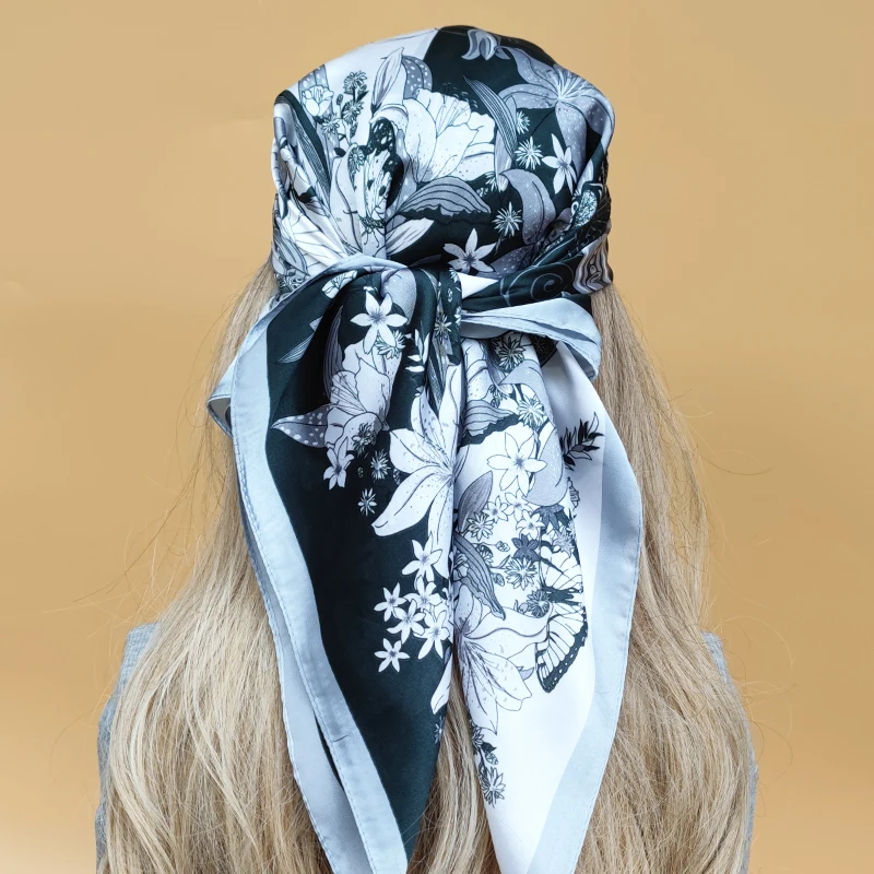 Women New Style Square Headscarf Luxury Sunscreen Beach Kerchief Popular Design 70X70CM Silk Hijab 2023 The Four Seasons Scarves image 2