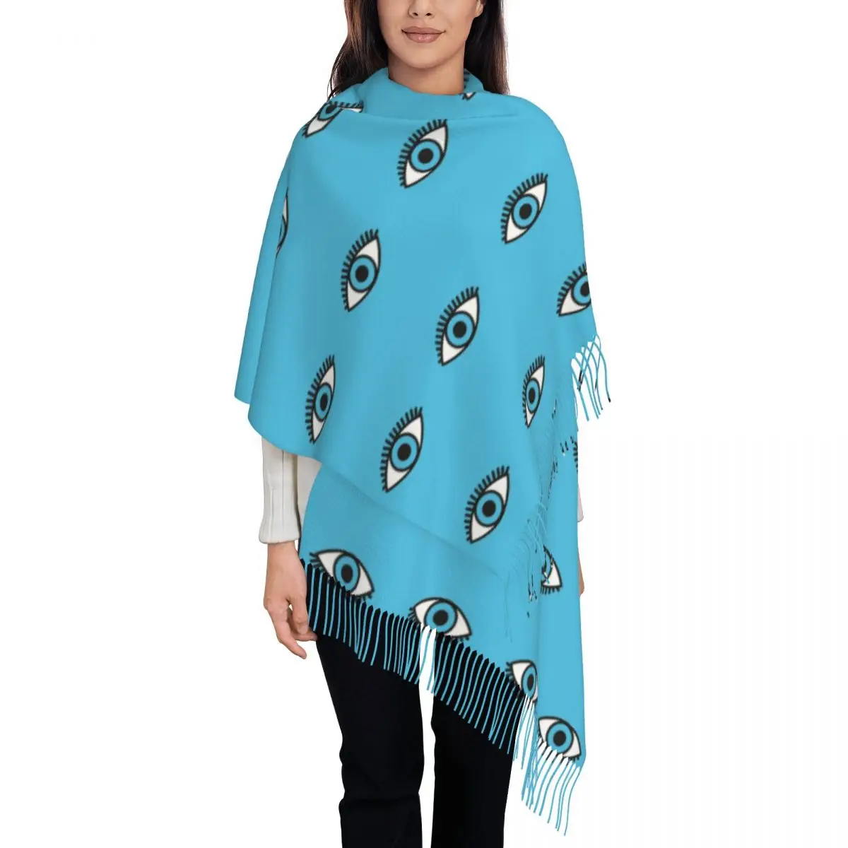 Evil Eye Scarf Warm Pashmina Shawl Wrap Evil Eye Blue Nazar Amulet Pattern Boho Long Large Scarves with Tassel for Evening Dress