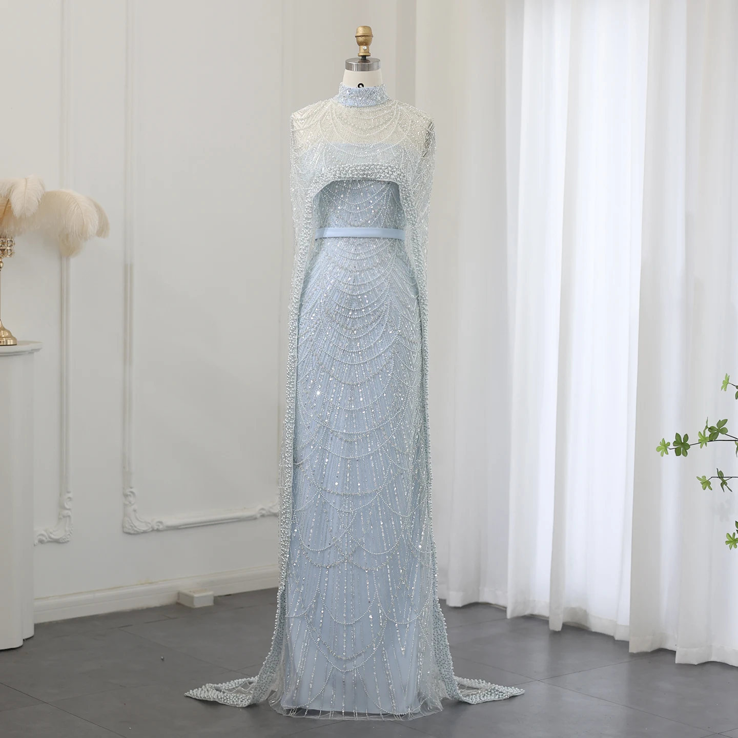 Sharon Said Luxus-Perlen Dubai Champagner Meerjungfrauen-Abendkleider mit Cape-Ärmeln Arabisches Hochzeits- und Abschlussballkleid SS369 Maßanfertigung – Detail 31