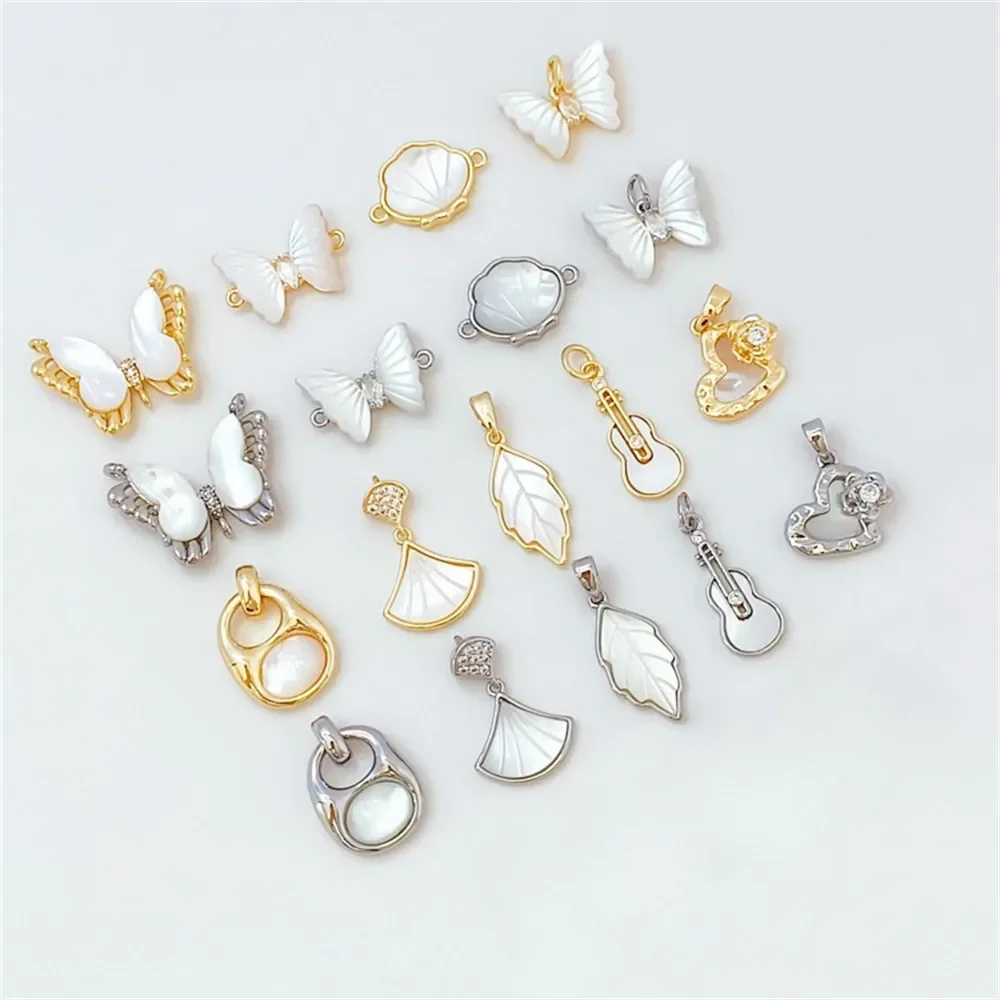 

18K Copper Plated Gold Set with Mother-of-pearl Butterfly Dress Leaf Wallet Guitar Pendant Diy Handmade Jewelry Earrings Necklac