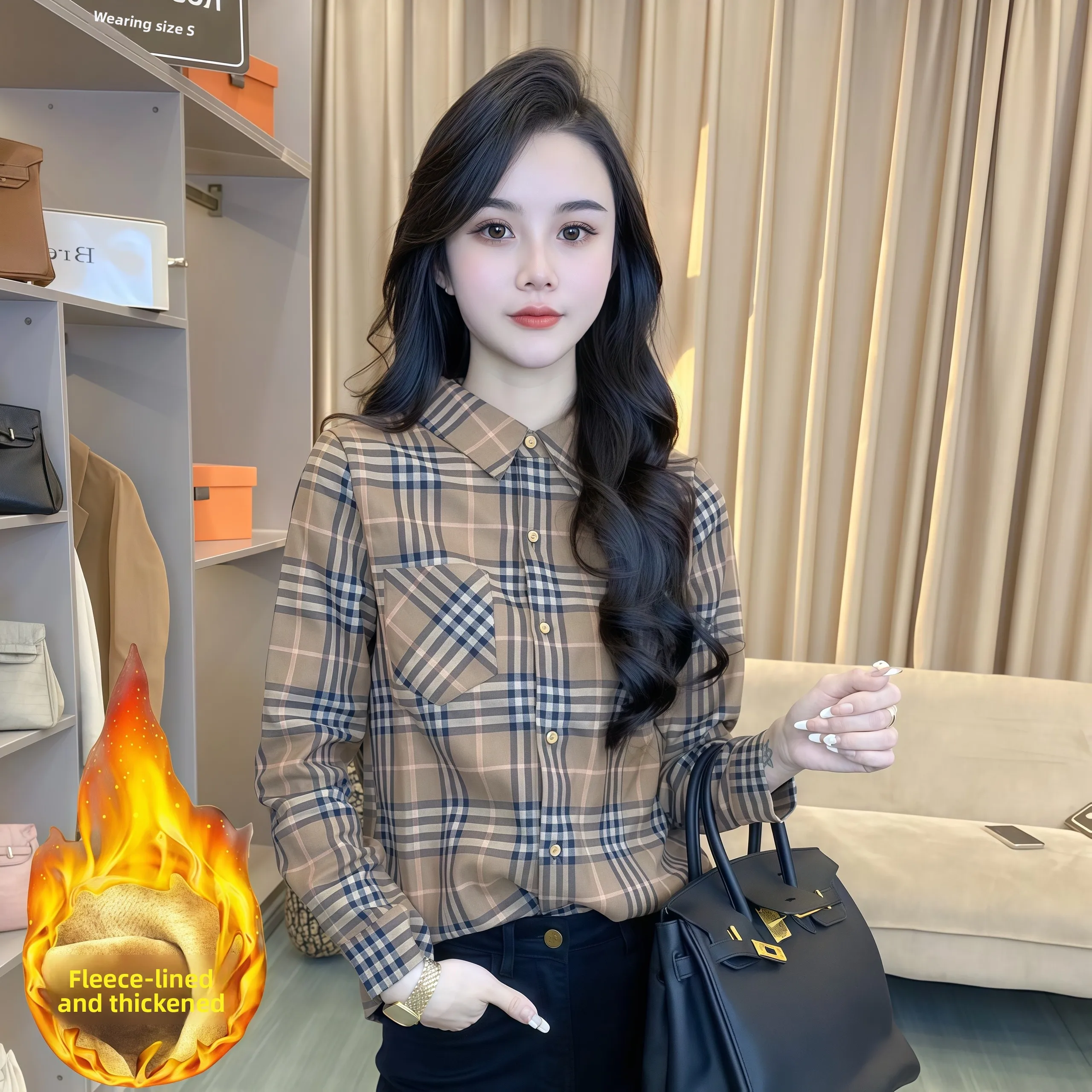 

Women's Plaid irt Long Sve Faionable Autumn Winter New Retro Pure Cotton Fce Lined Slim Fit Collar Cotton 00%